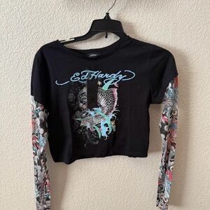 Ed Hardy Black and Blue Graphic Crop Top